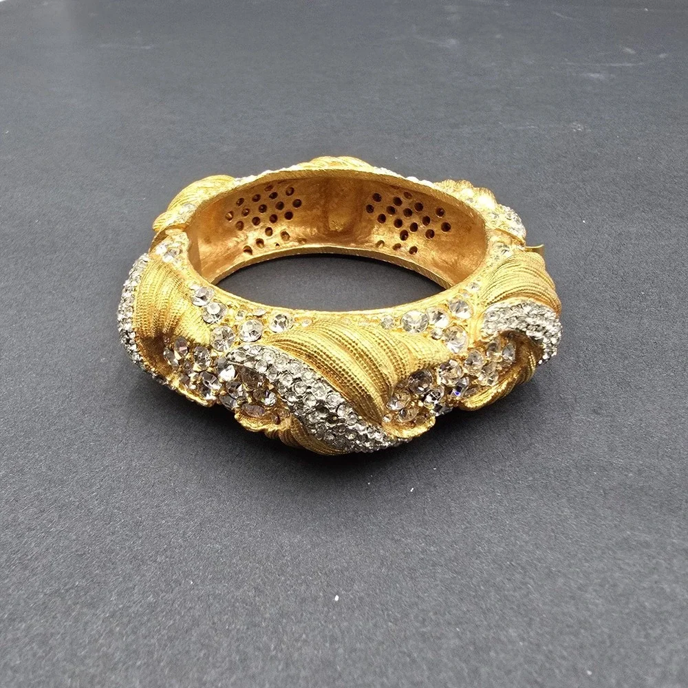 Vintage Cadoro Textured Gold Tone Wide Metal Bangle Bracelet Rhinestone Hinged